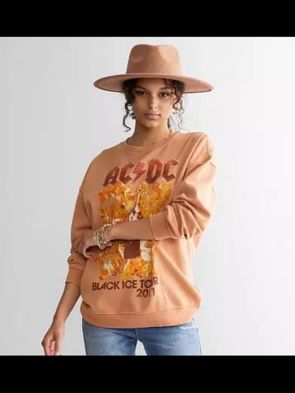 AC/DC Crewneck Sweatshirt in Rust Orange with Flame Graphic